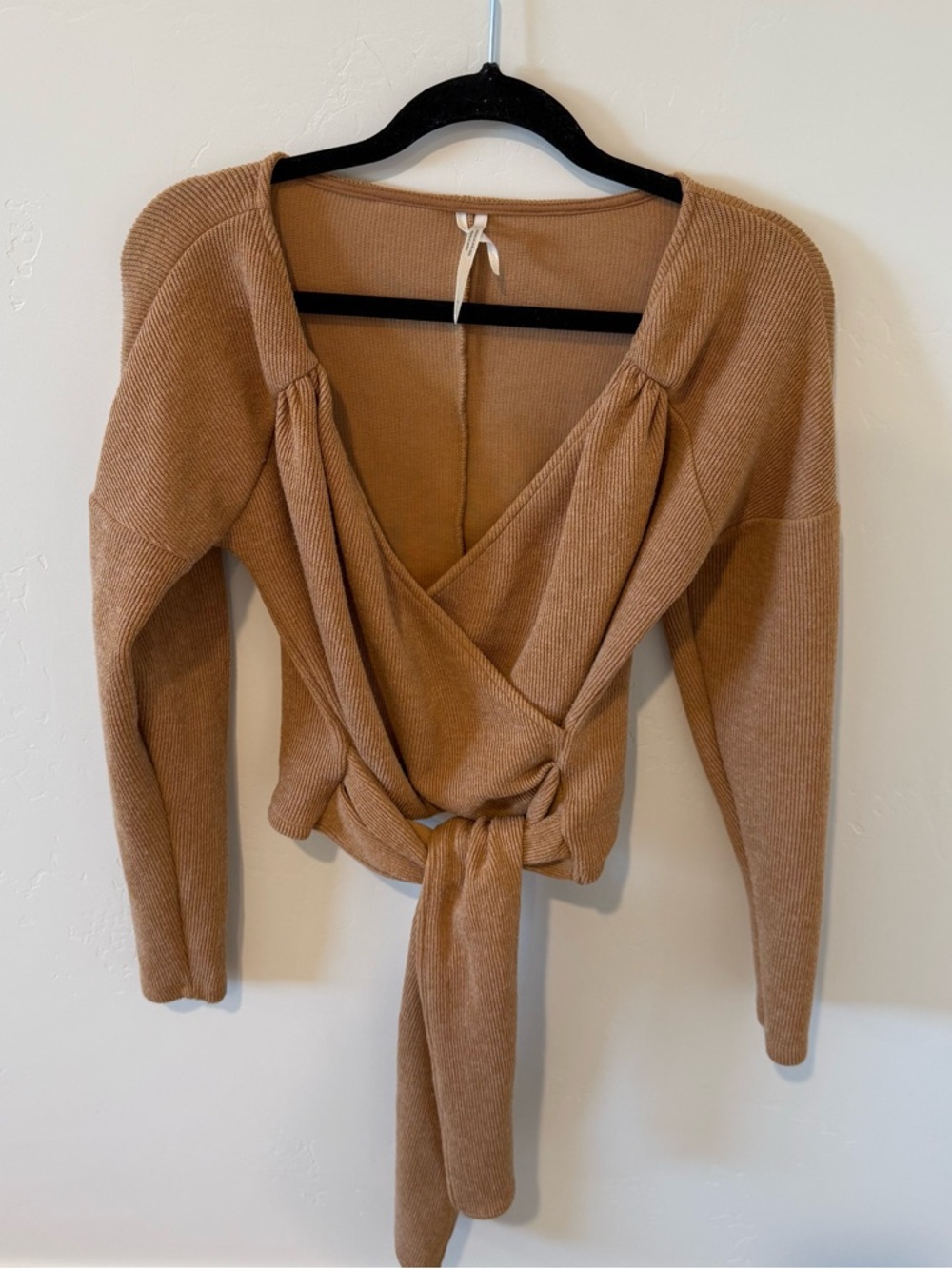 Anthropologie Wrap Front Knit Tie Waist Sweater Camel Womens Small Cozy ribbed